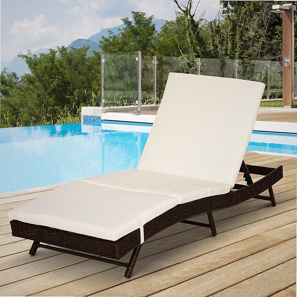 Brown Wicker Poolside Recliner, Outdoor Chaise Lounge with Comfort Cushion