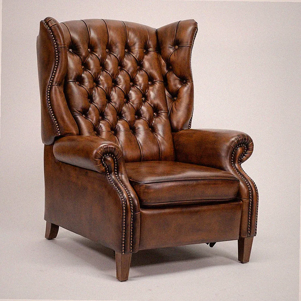 Chesterfield Recliner Armchair Brown Leather English Vintage 1-Seater Relax