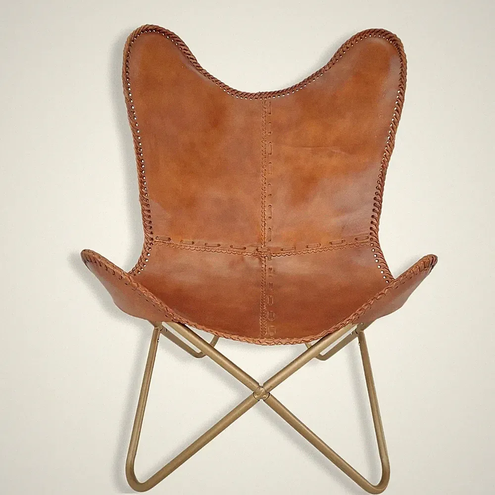 Genuine Leather Butterfly Chair Vintage Folding Lounge Accent Relax Sleeper Seat