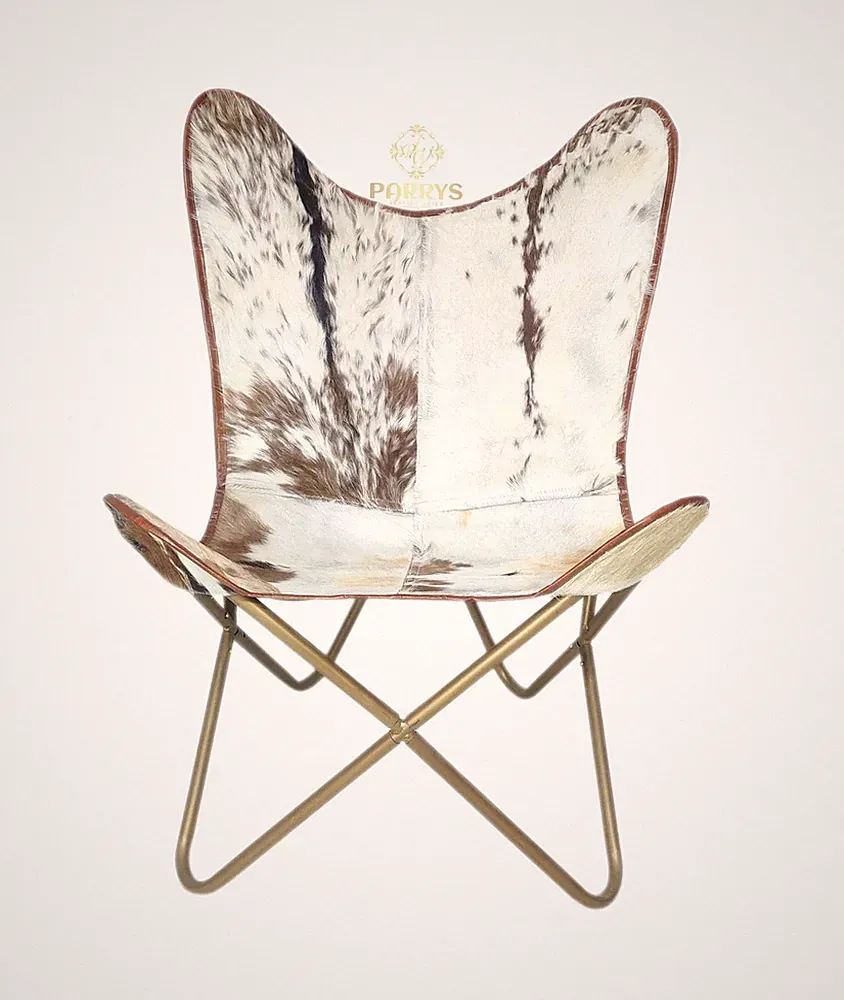 Leather Lounge Chair Genuine Goat Hair Relaxing Brown & White PL2-179