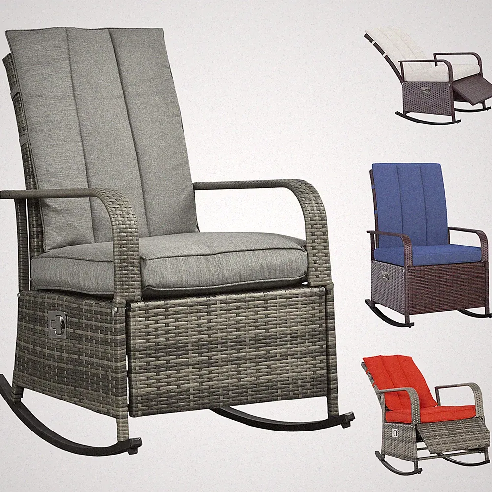 Outdoor Rattan Rocking Chair Patio Recliner with Cushion, Adjustable Footrest
