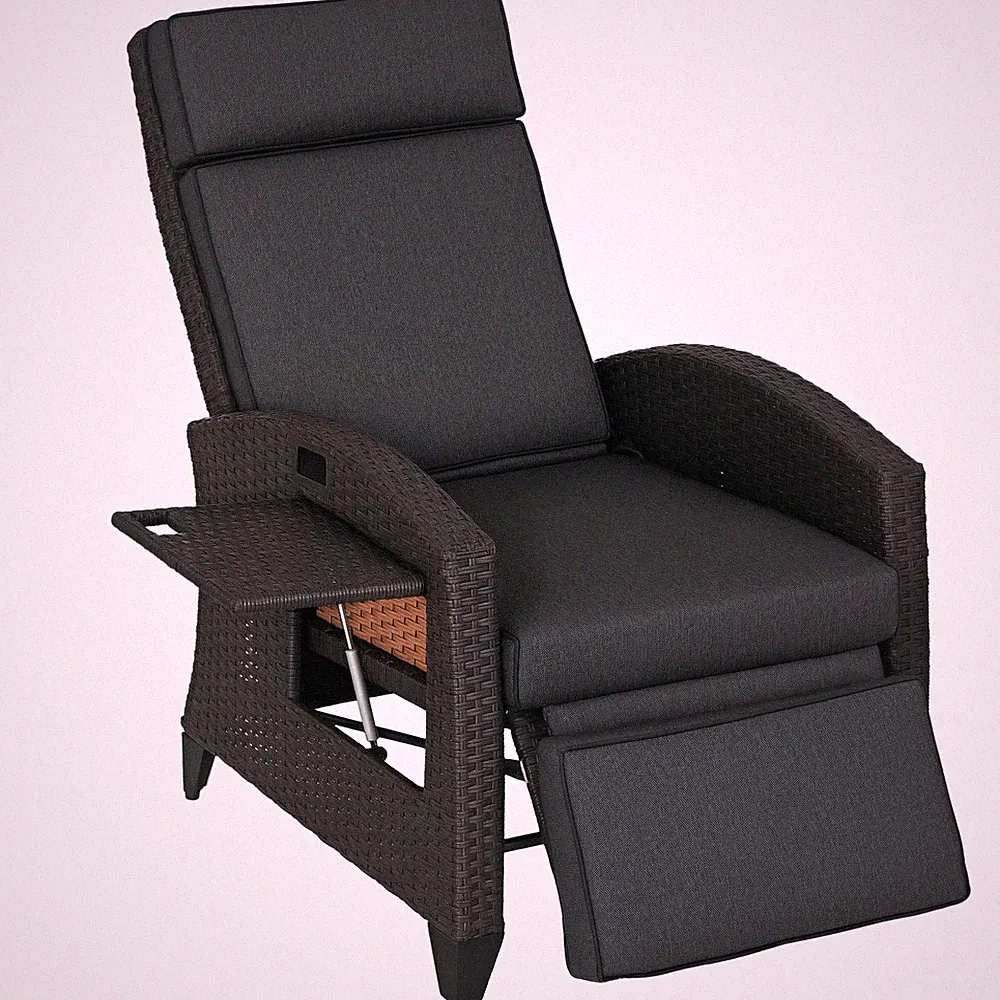 Outsunny Garden Recliner w/ Cushion, Reclining Rattan Chair, Dark Grey/Brown