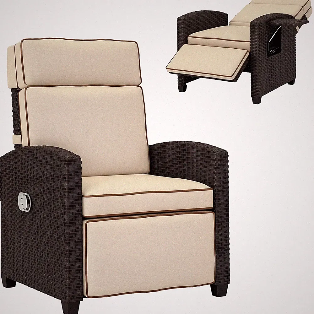 Outsunny Rattan Garden Recliner Sun Lounger w/ Flip Table, Dark Brown/Khaki