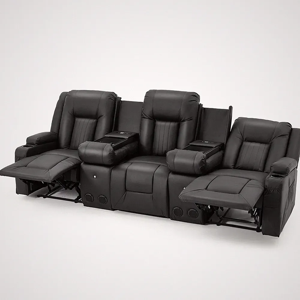 Recliner Sofa Manual RV Reclining Couch PU Home Theater Seating w/ Console USB