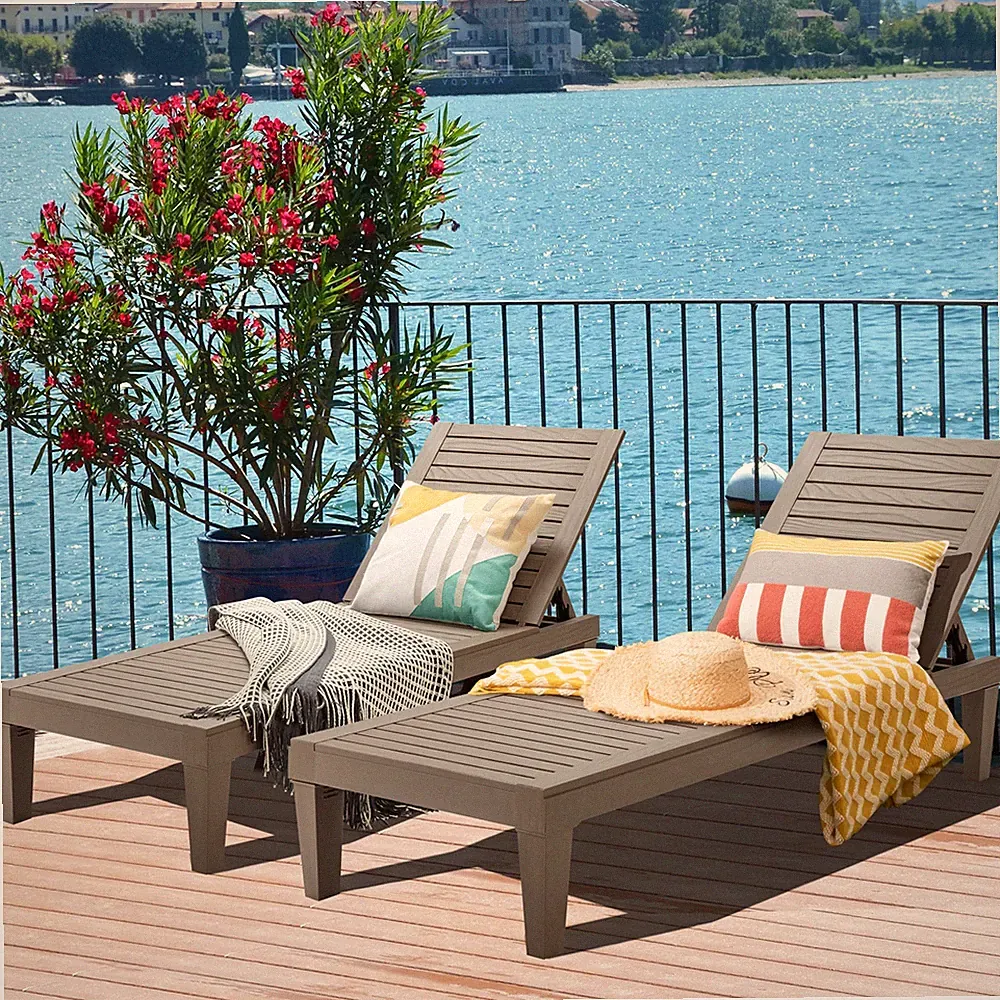 Set of 2 Patio Outdoor Chaise Lounge Chair Recliner w/ Adjustable Backrest Brown