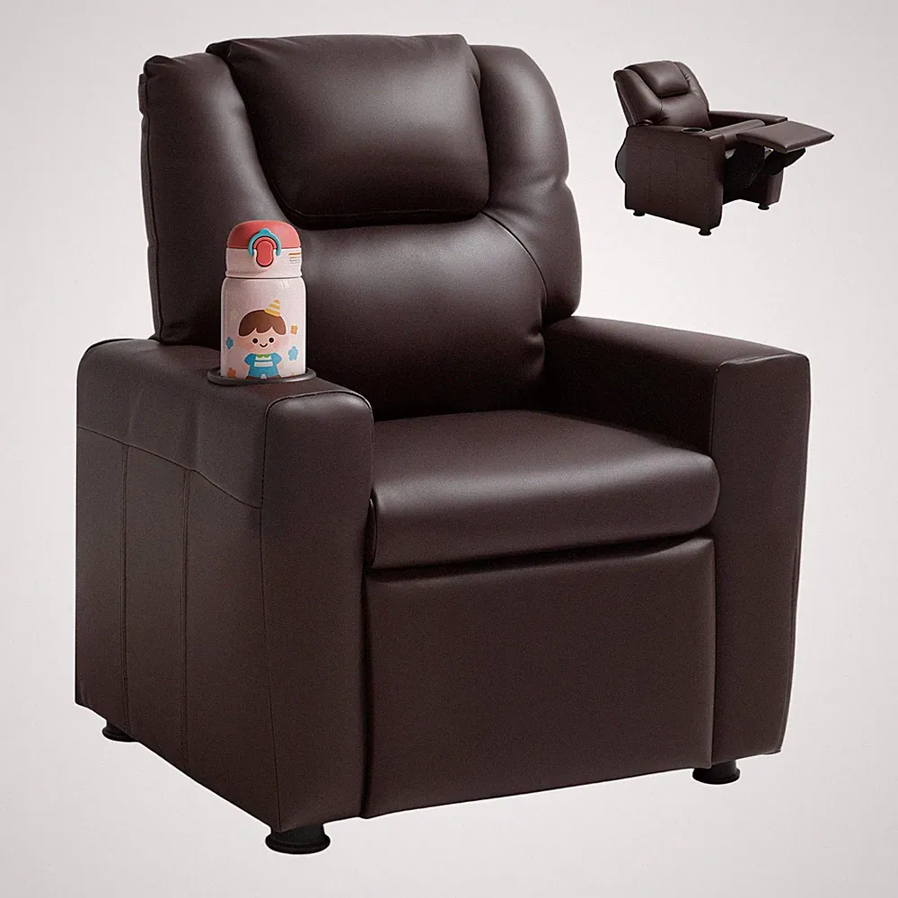 VEVOR Kids Reclining Chair PU Leather Toddler Recliner with Cup Holder (Brown)